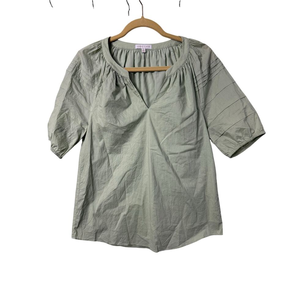 Anna Cate Light Green Puff Sleeve Cotton Top Blouse Sz M